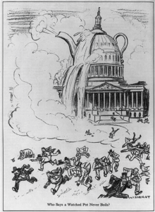 A drawn political cartoon on Senator Walsh and the Teapot Dome scandal.