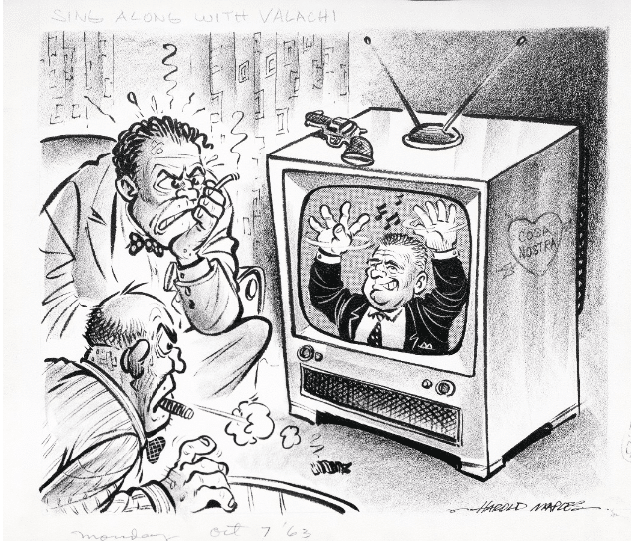 Cartoon of two men angrily watching tv. Valachi is on the tv screen singing